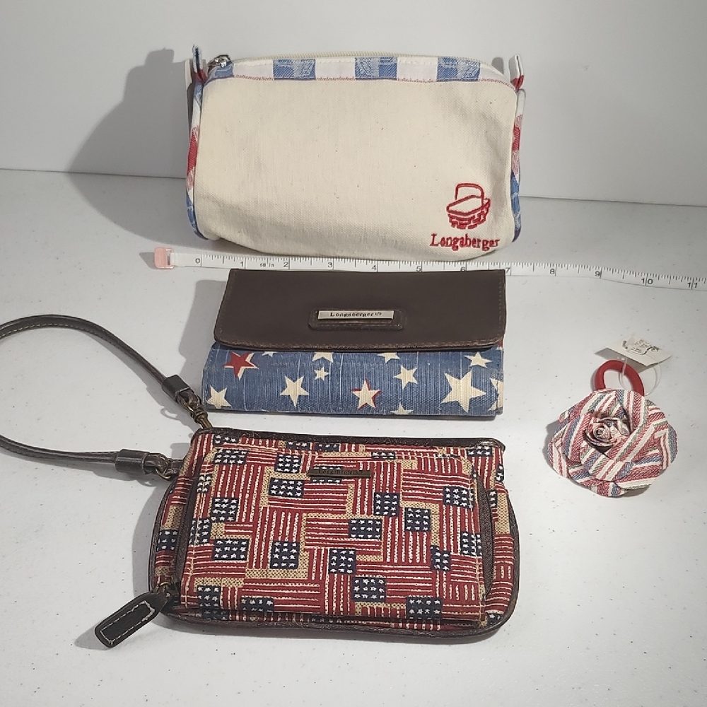 Longaberger Red, White, Blue Lot  Clutch Wristlet Bag Hair Band